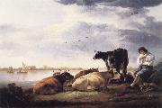 Aelbert Cuyp Cows and Herdsman by a River painting